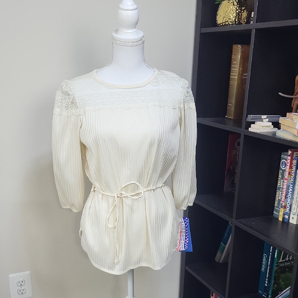 Vtg 80s MISS KALICO Deadstock Cream Ribbed Lace Tie Waist 3/4 Sleeve Blouse -NWT